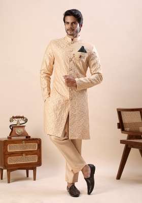 Orange Embroidery Silk Kurta Set For Men