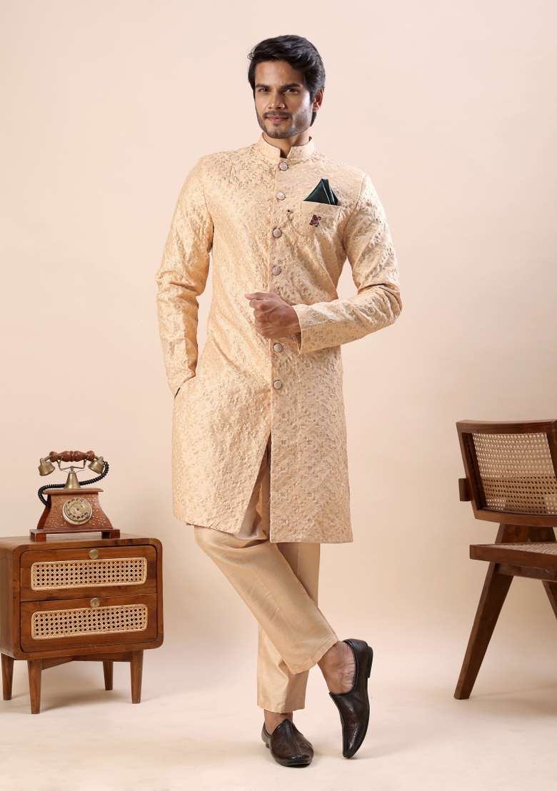 Orange Embroidery Silk Kurta Set For Men - Indya