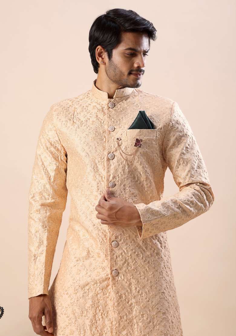 Orange Embroidery Silk Kurta Set For Men - Indya