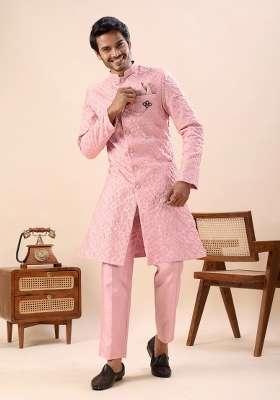 Peach Embroidery Silk Kurta Set For Men