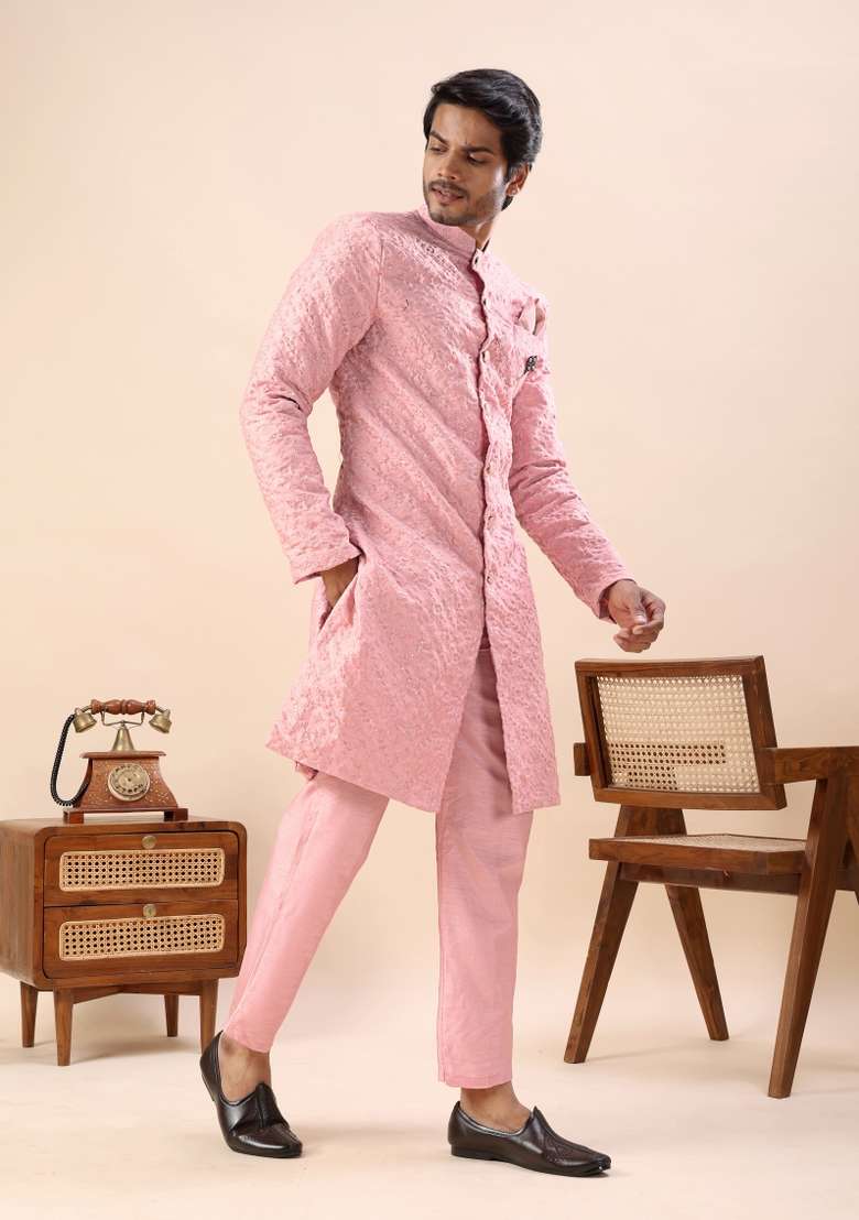 Peach Embroidery Silk Kurta Set For Men - Indya