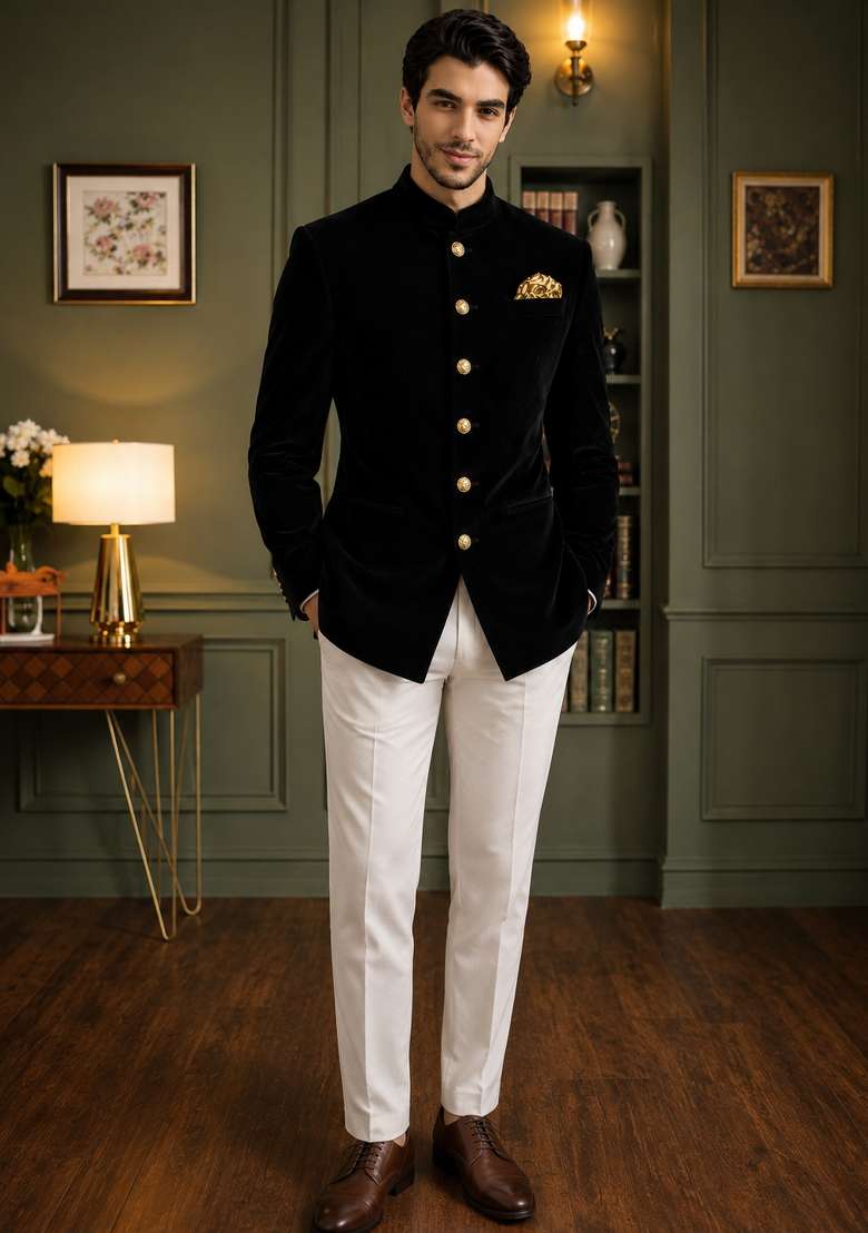 Black Plain Velvet Jodhpuri For Men - Indya
