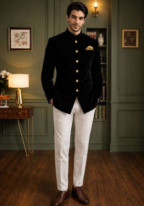 Black Plain Velvet Jodhpuri For Men