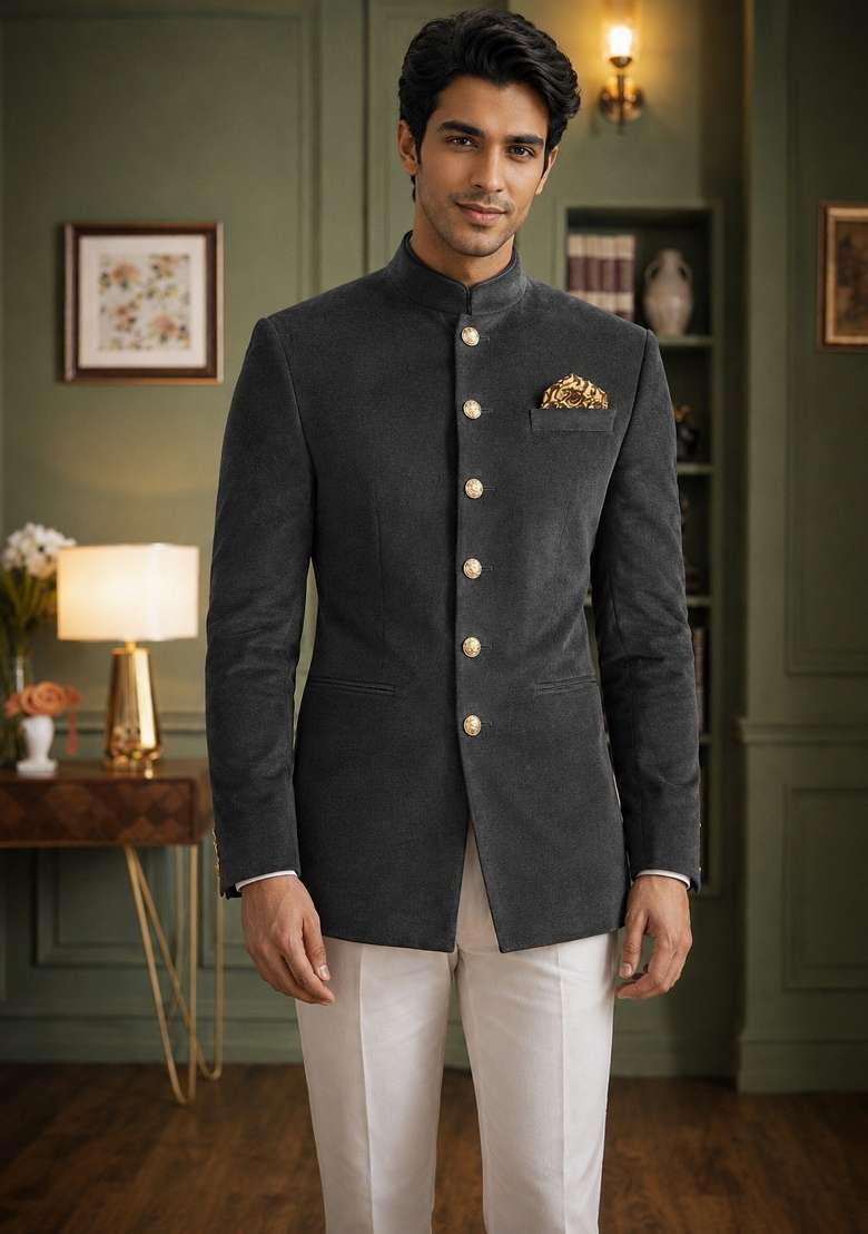 Dark Grey Plain Velvet Jodhpuri For Men - Indya