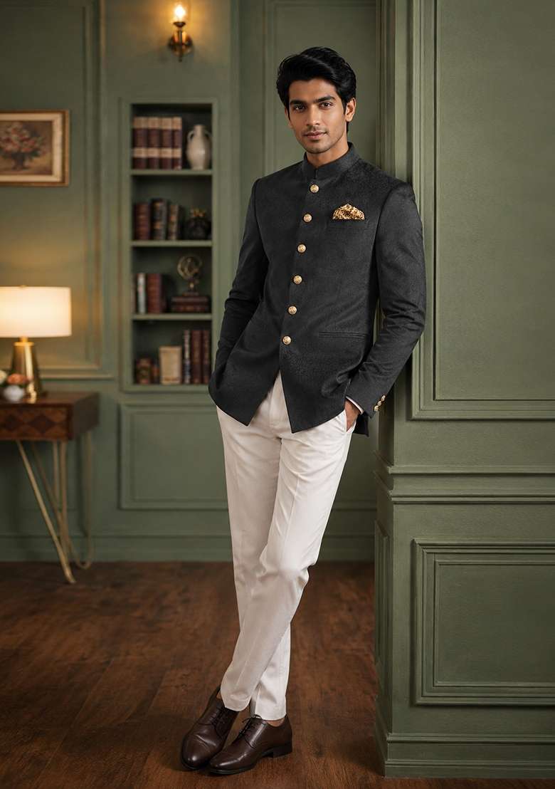 Dark Grey Plain Velvet Jodhpuri For Men - Indya