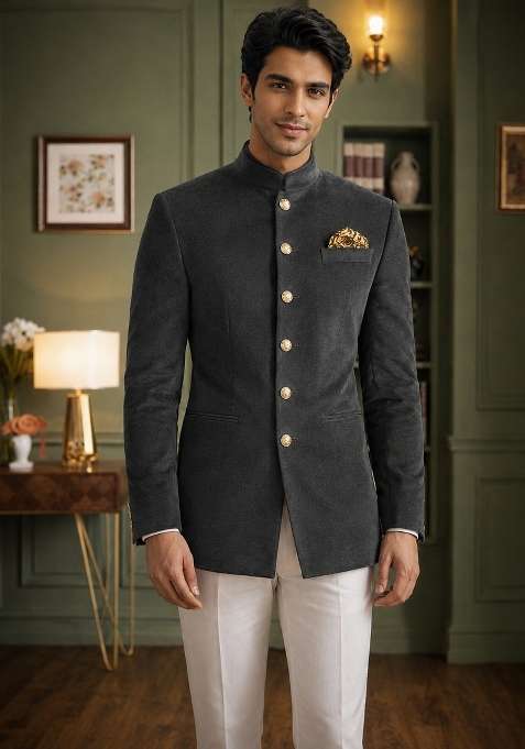 Dark Grey Plain Velvet Jodhpuri For Men