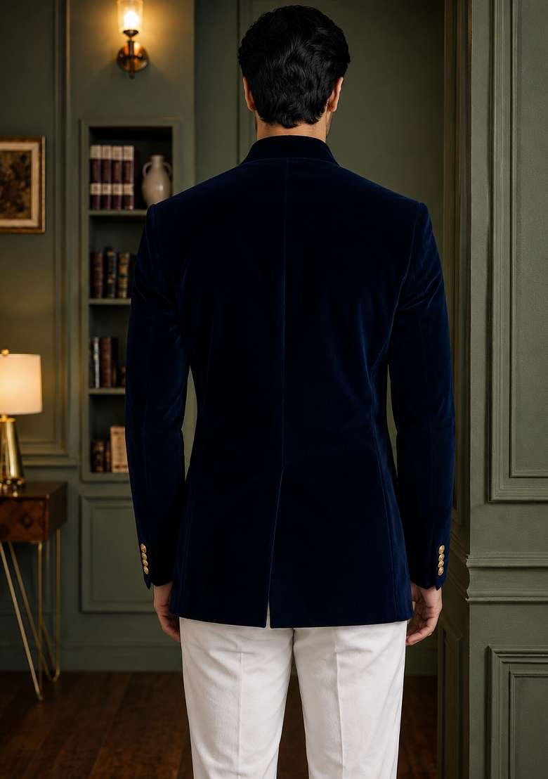Nevy Blue Plain Velvet Jodhpuri For Men - Indya