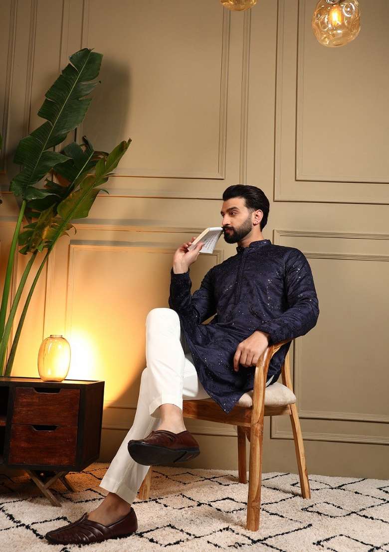 White Embroidered Silk Kurta Set For Men - Indya