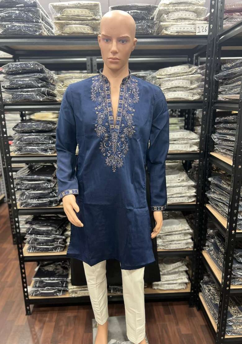 Green Embroidered Silk Kurta Set For Men - Indya