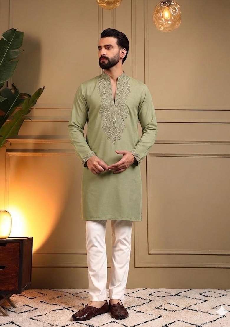Yellow Embroidered Silk Kurta Set For Men - Indya