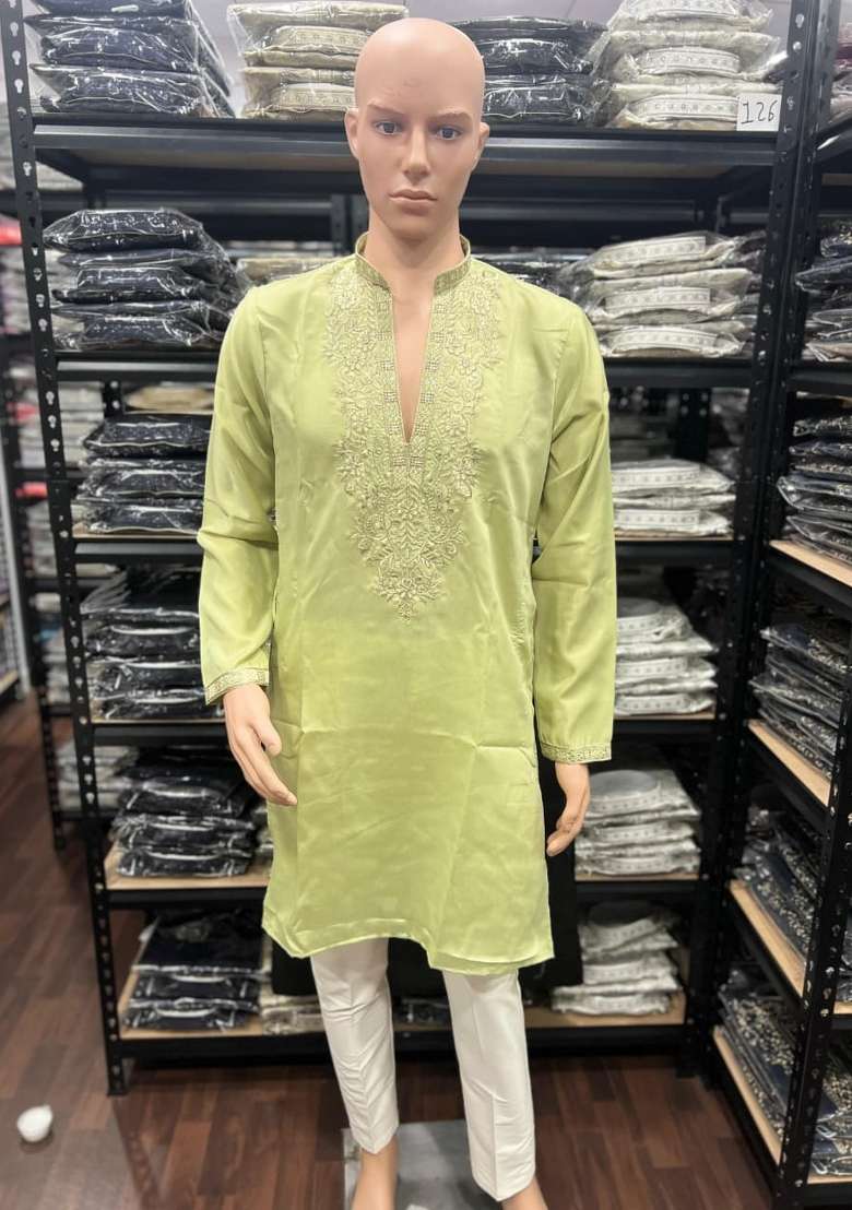 Yellow Embroidered Silk Kurta Set For Men - Indya