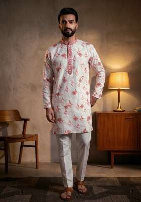 Multicolor Embroidered Silk Kurta Set For Men