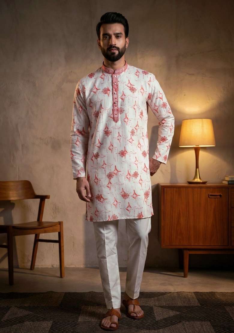 Multicolor Embroidered Silk Kurta Set For Men - Indya