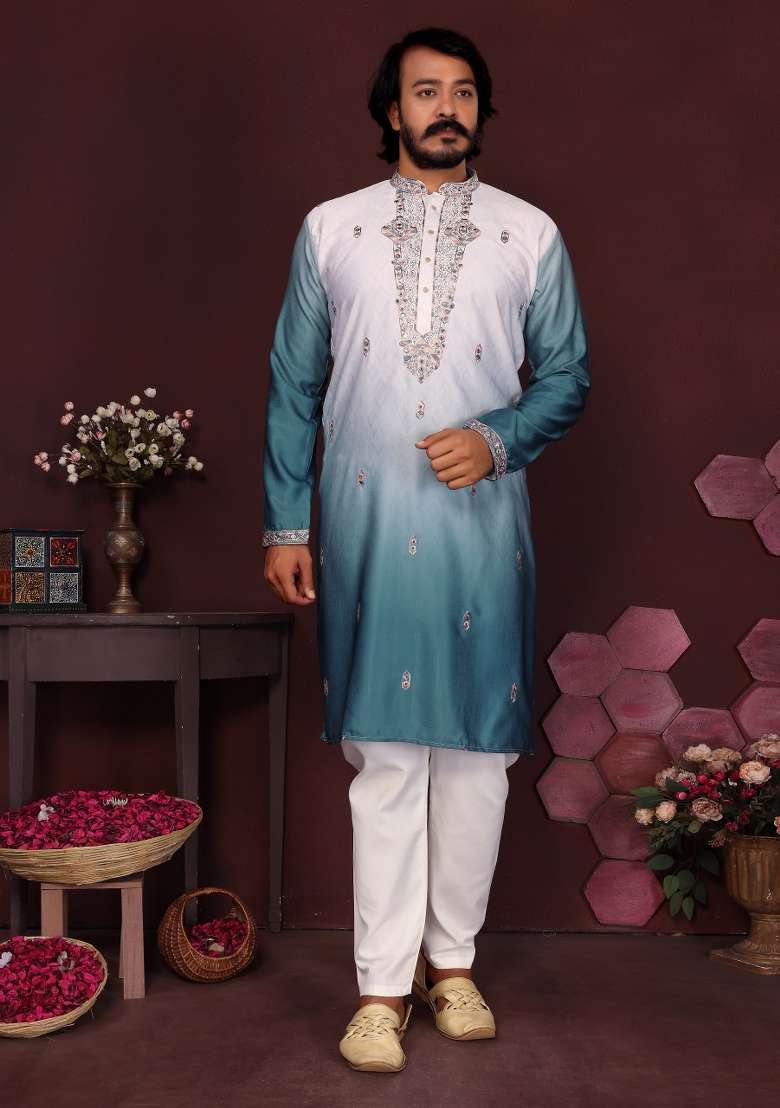 Purple Embroidered Silk Kurta Set For Men - Indya