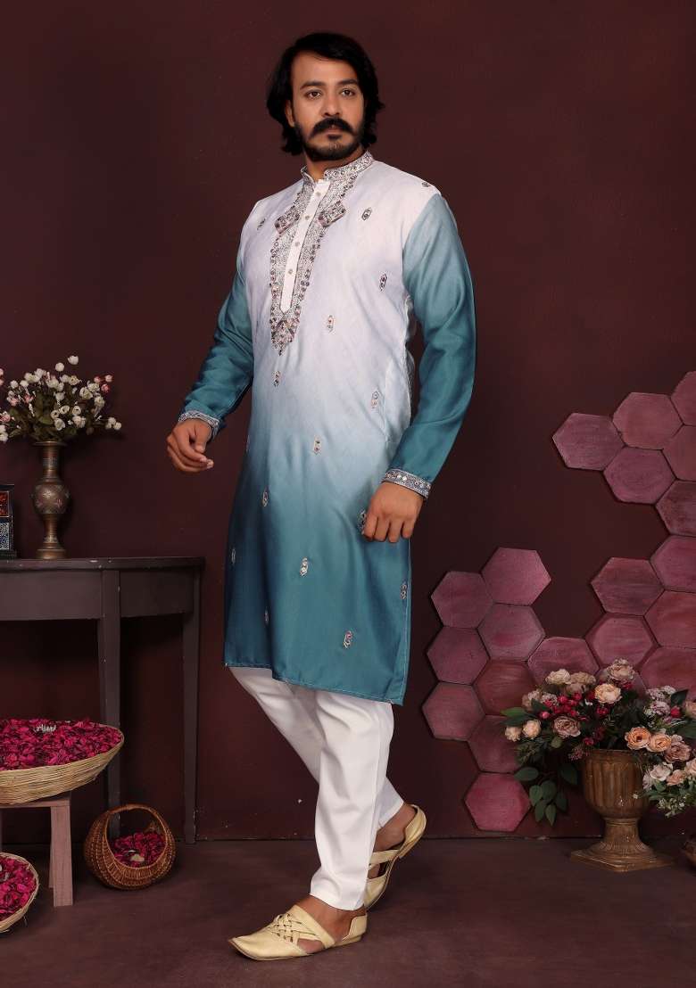Purple Embroidered Silk Kurta Set For Men - Indya