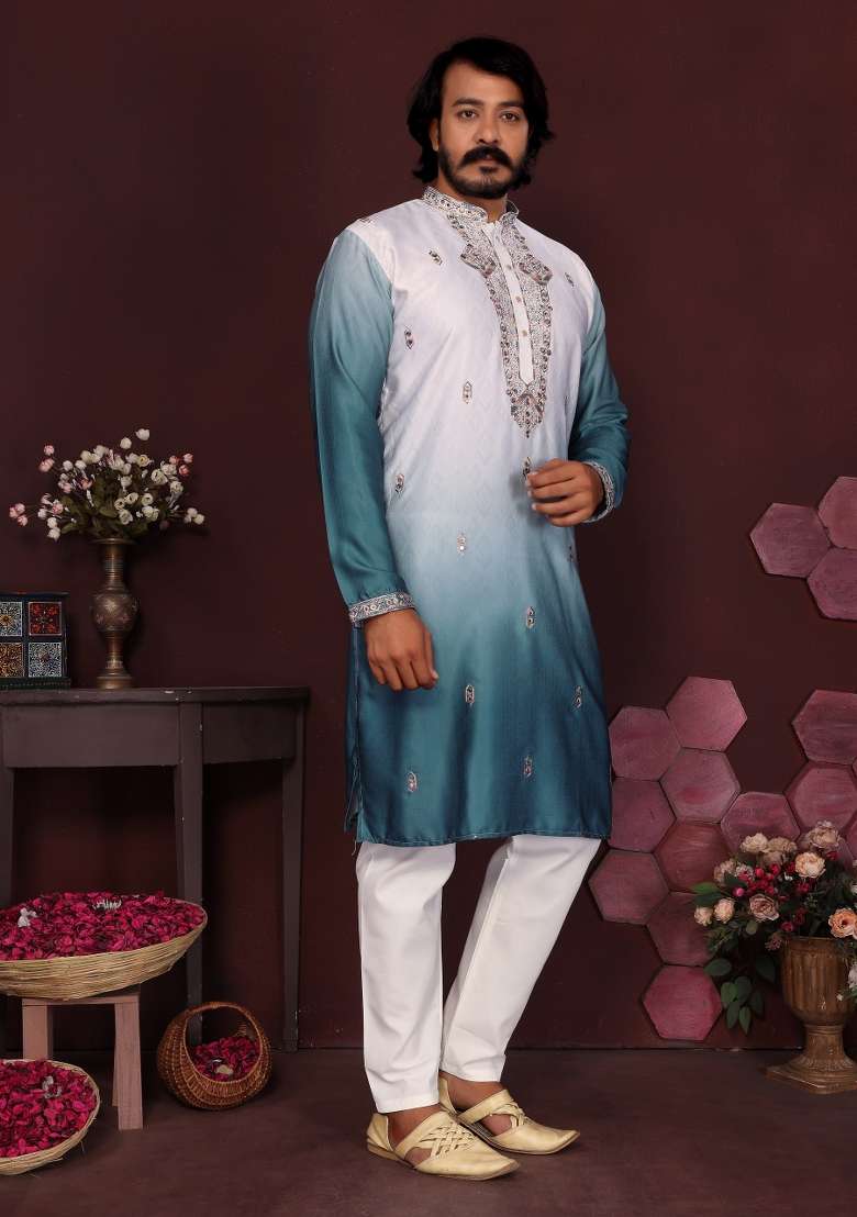 Purple Embroidered Silk Kurta Set For Men - Indya