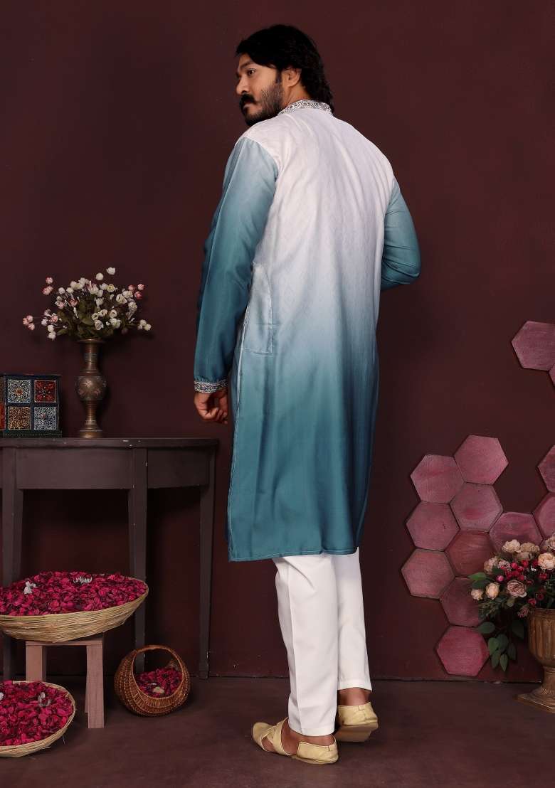 Purple Embroidered Silk Kurta Set For Men - Indya