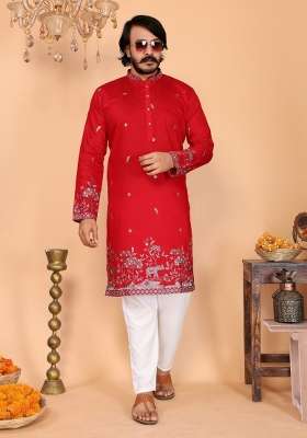 White Embroidered Linen Kurta Set For Men