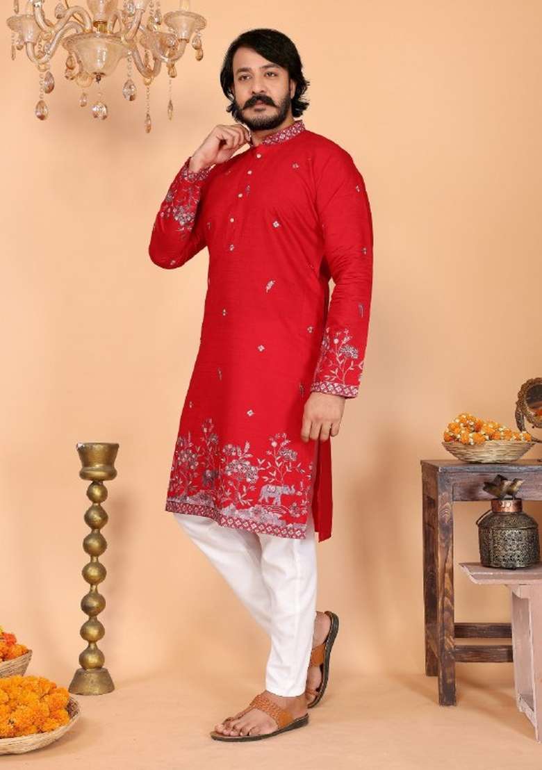 White Embroidered Linen Kurta Set For Men - Indya