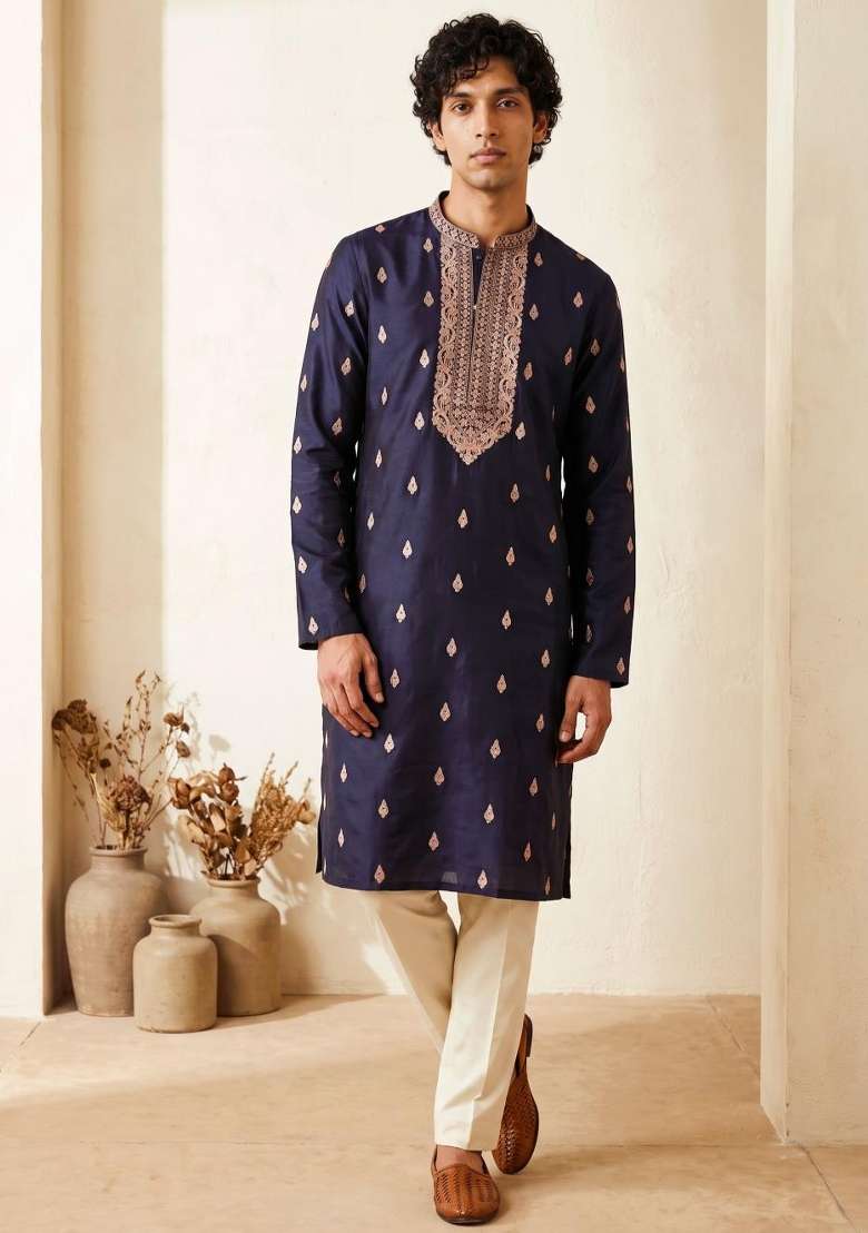 Navy Blue Embroidery Silk Kurta Set For Men - Indya