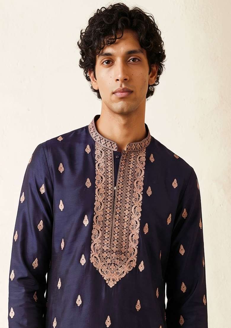 Navy Blue Embroidery Silk Kurta Set For Men - Indya