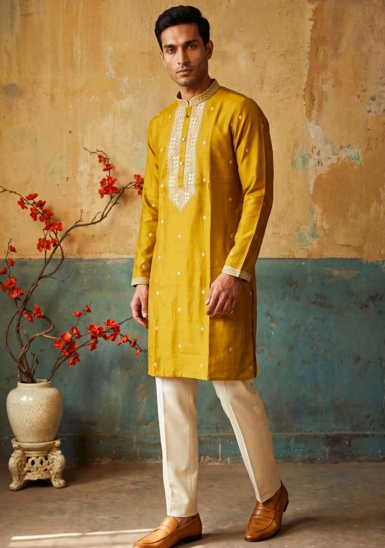 Yellow Embroidery Silk Kurta Set For Men - Indya