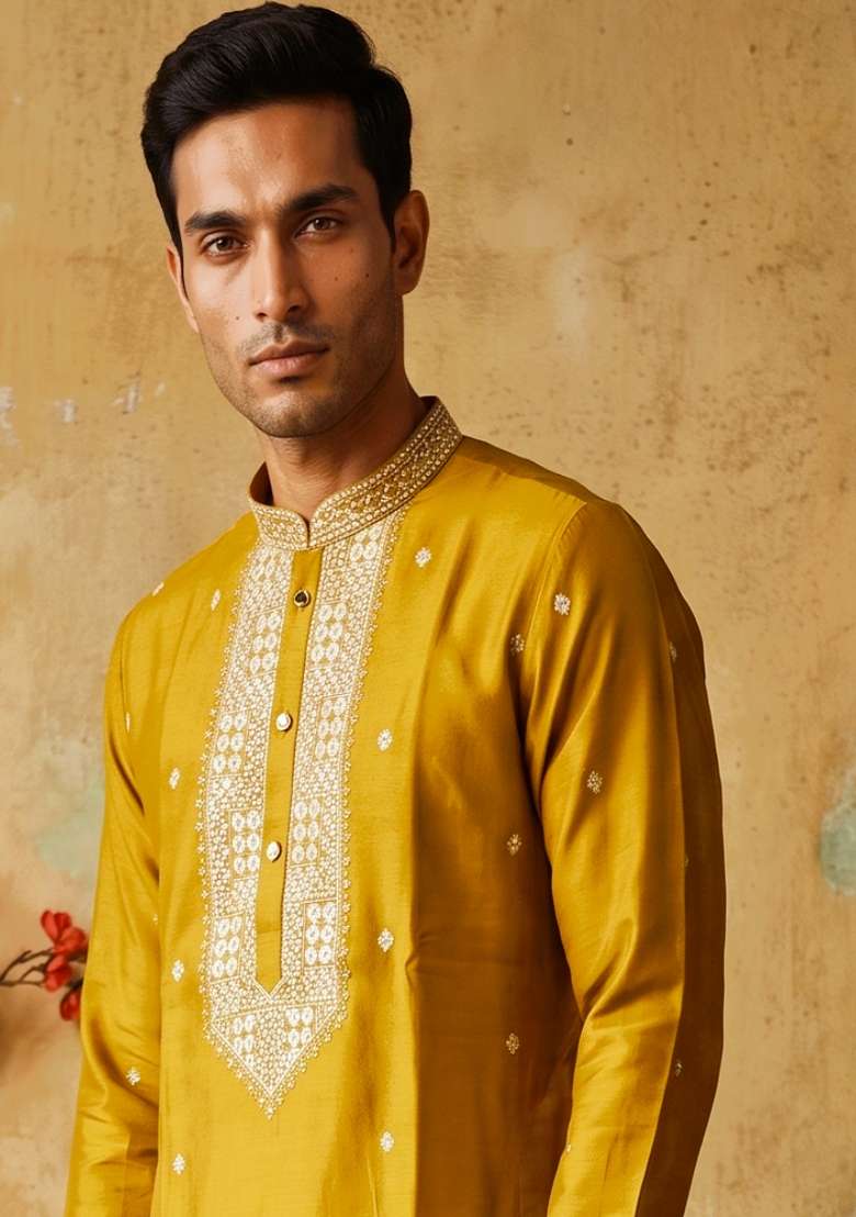 Yellow Embroidery Silk Kurta Set For Men - Indya