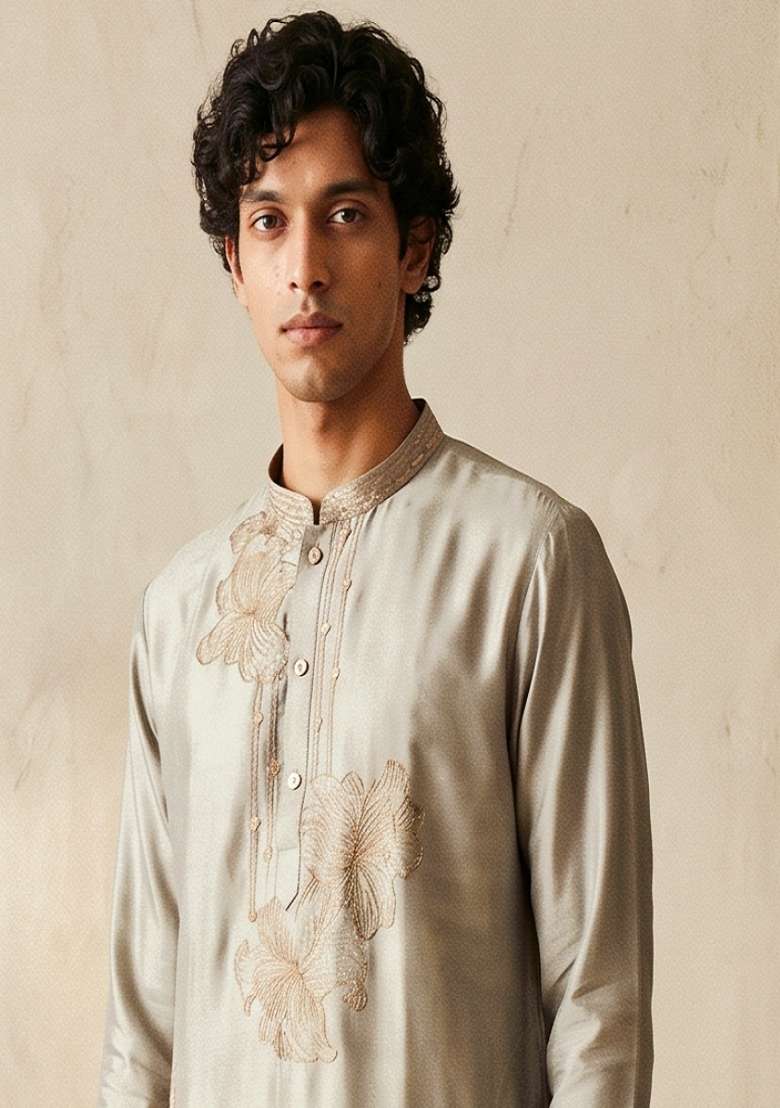 Grey Embroidery Silk Kurta Set For Men - Indya