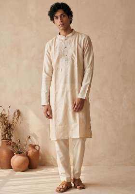 Cream Embroidery Silk Kurta Set For Men