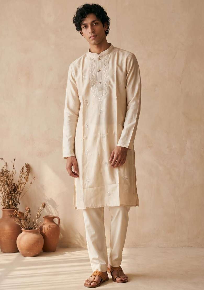 Cream Embroidery Silk Kurta Set For Men - Indya