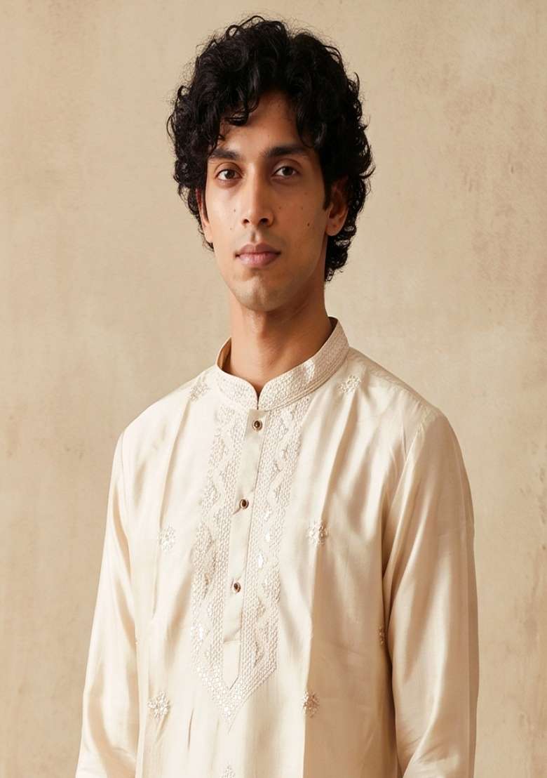 Cream Embroidery Silk Kurta Set For Men - Indya