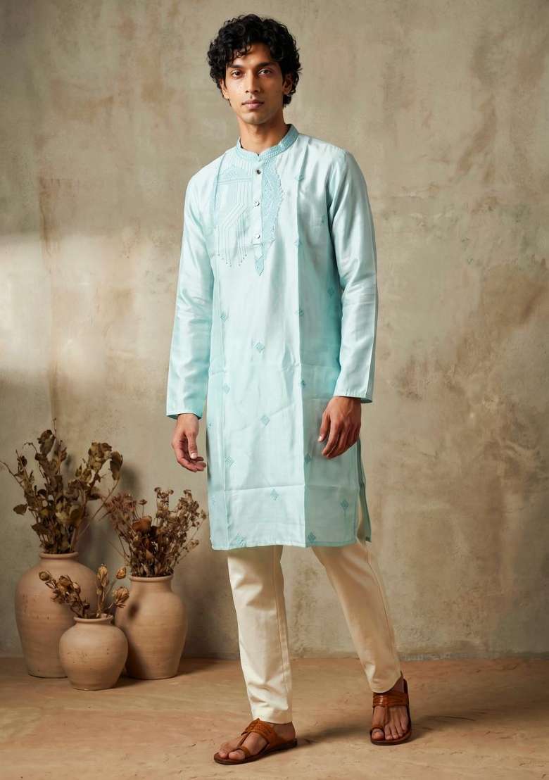 Sky Blue Embroidery Silk Kurta Set For Men - Indya