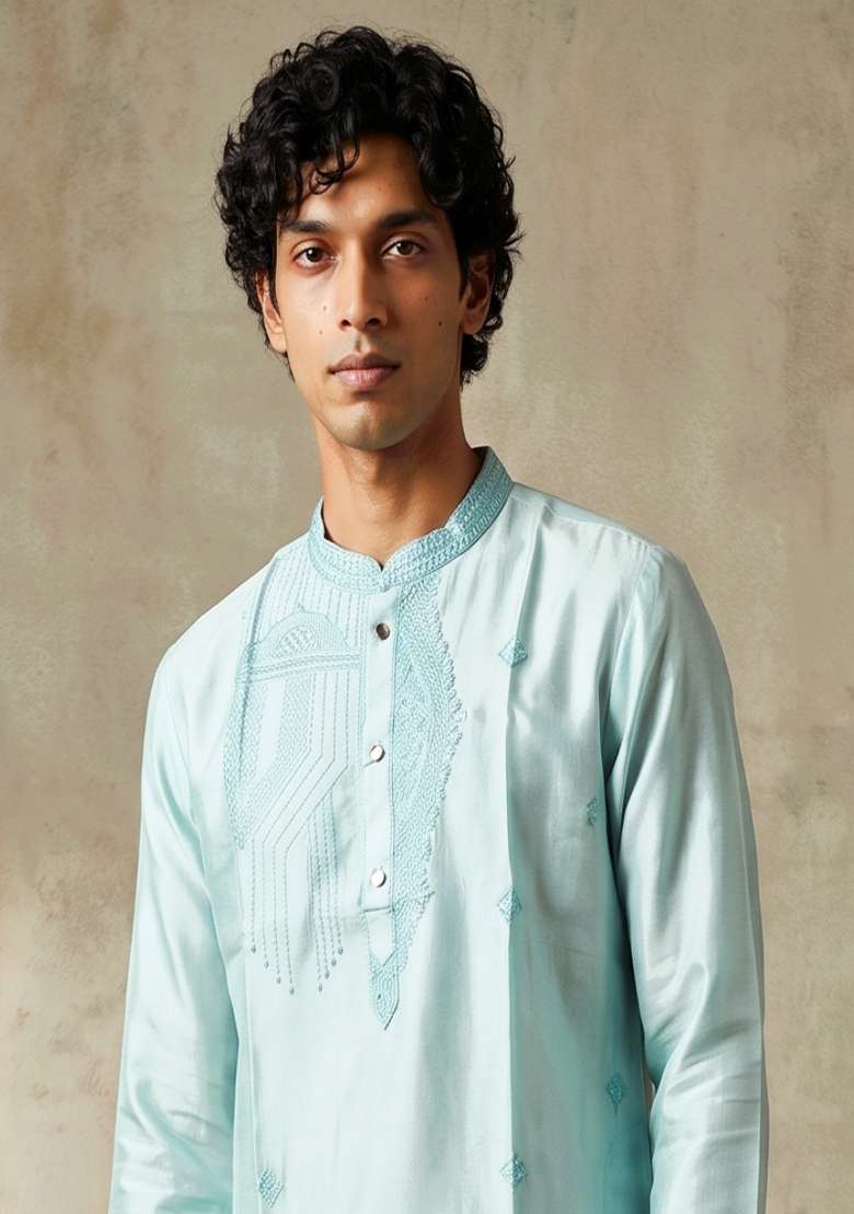 Sky Blue Embroidery Silk Kurta Set For Men - Indya