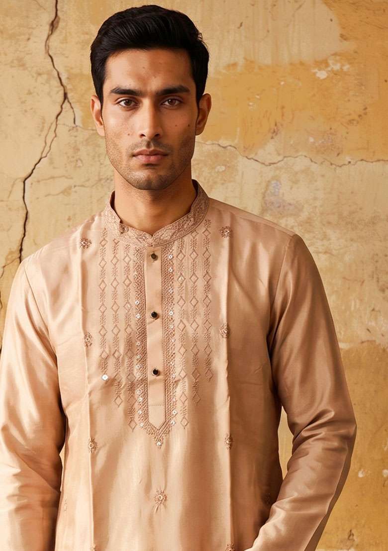 Peach Embroidery Silk Kurta Set For Men - Indya