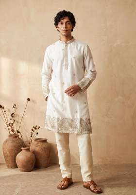White Embroidery Silk Kurta Set For Men