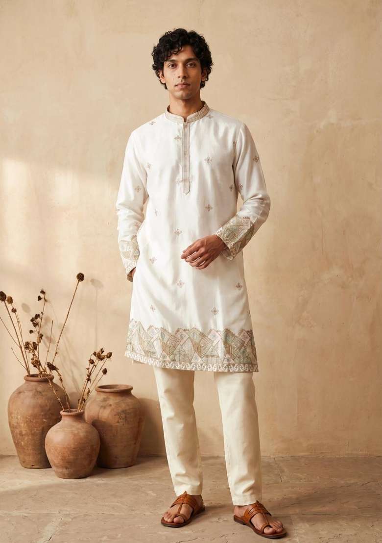 White Embroidery Silk Kurta Set For Men - Indya