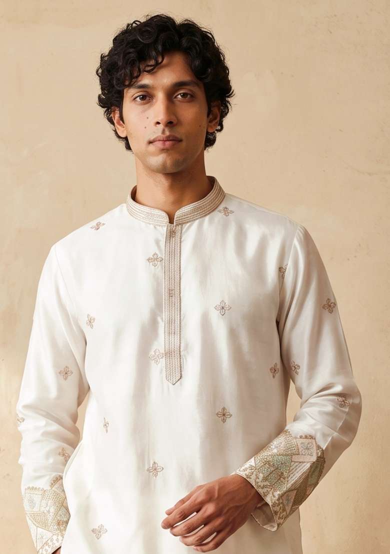 White Embroidery Silk Kurta Set For Men - Indya