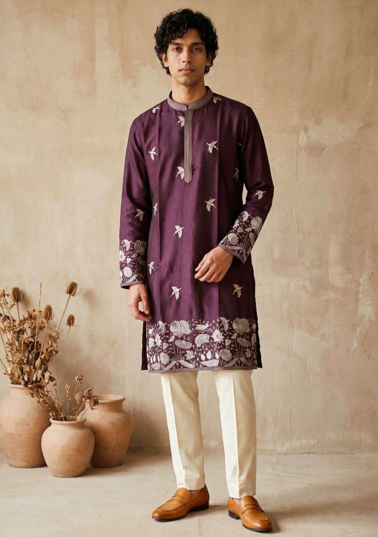 Purple Embroidery Silk Kurta Set For Men - Indya