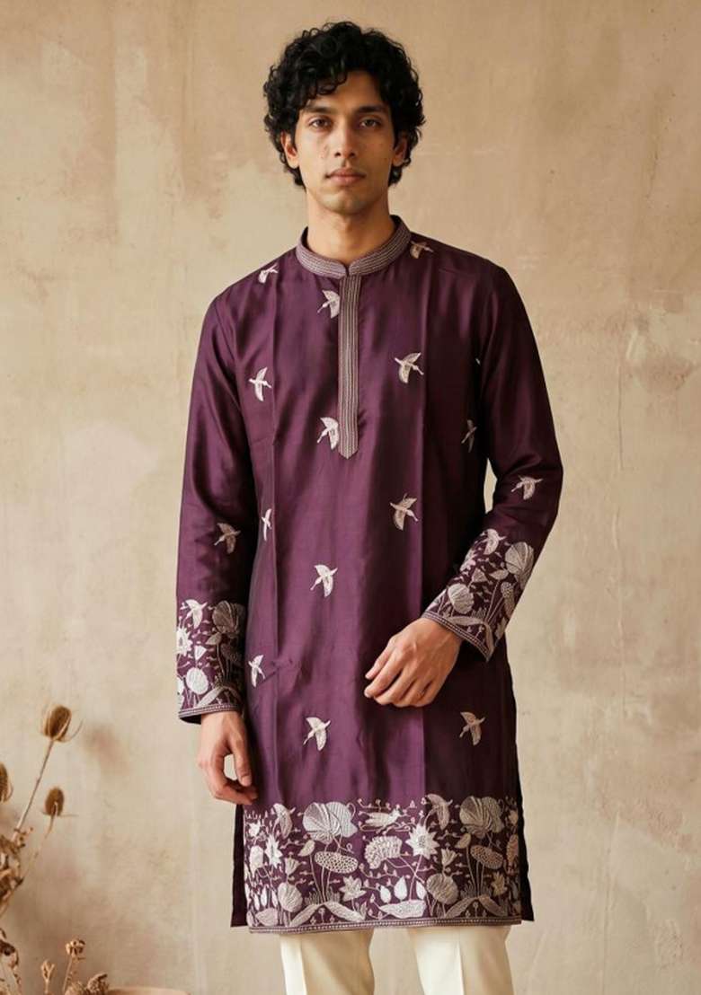 Purple Embroidery Silk Kurta Set For Men - Indya