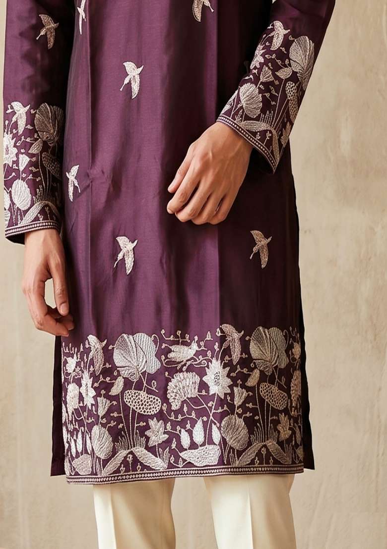 Purple Embroidery Silk Kurta Set For Men - Indya