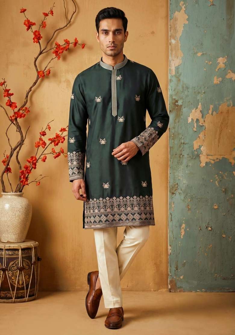 Green Embroidery Silk Kurta Set For Men - Indya
