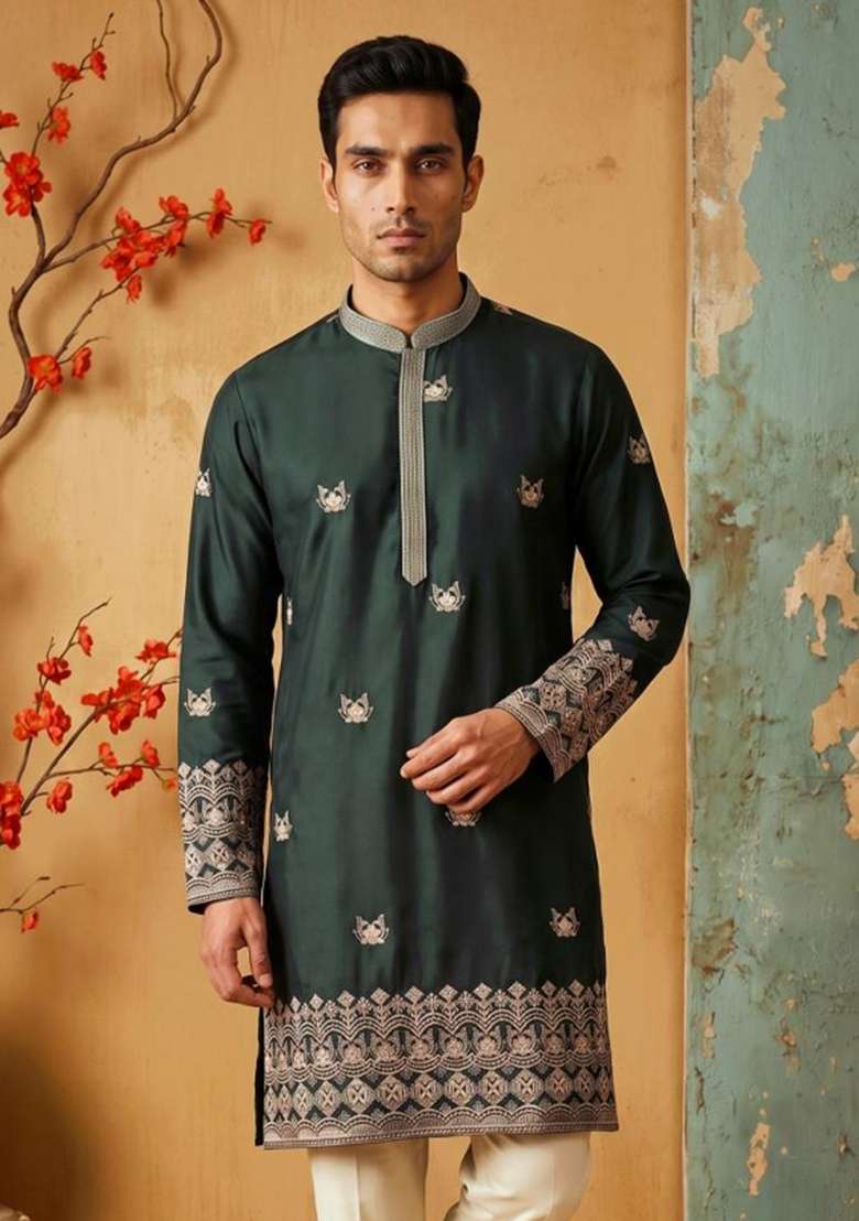 Green Embroidery Silk Kurta Set For Men - Indya