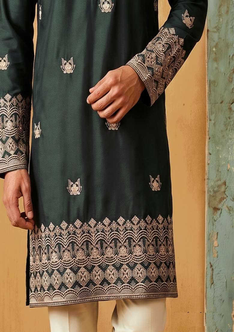 Green Embroidery Silk Kurta Set For Men - Indya