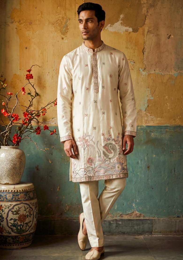 Cream Embroidery Silk Kurta Set For Men - Indya