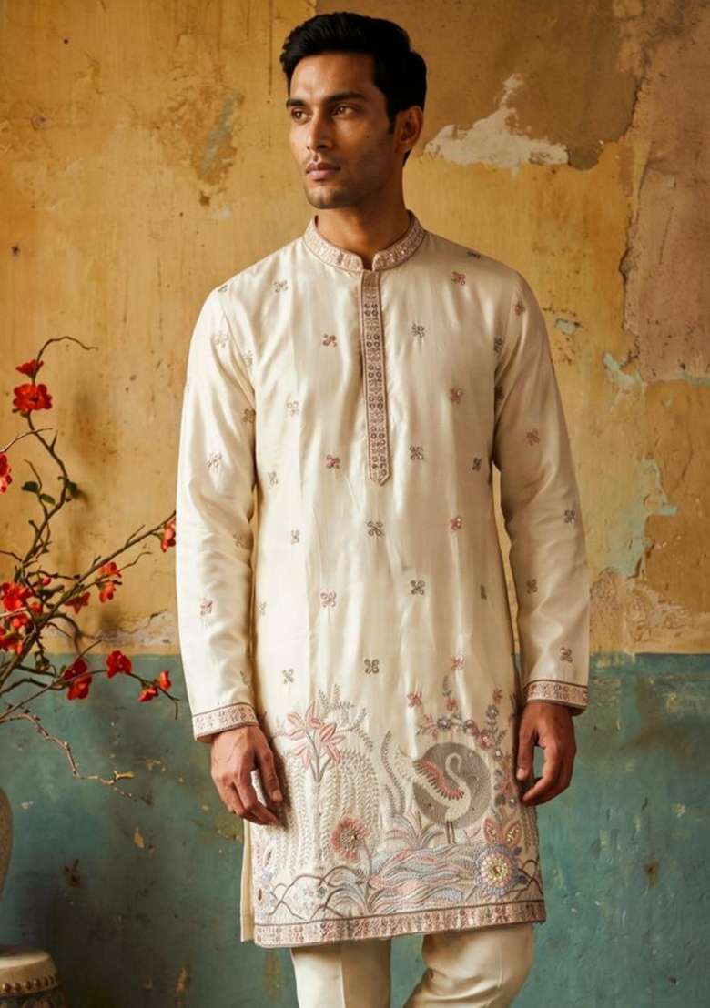 Cream Embroidery Silk Kurta Set For Men - Indya