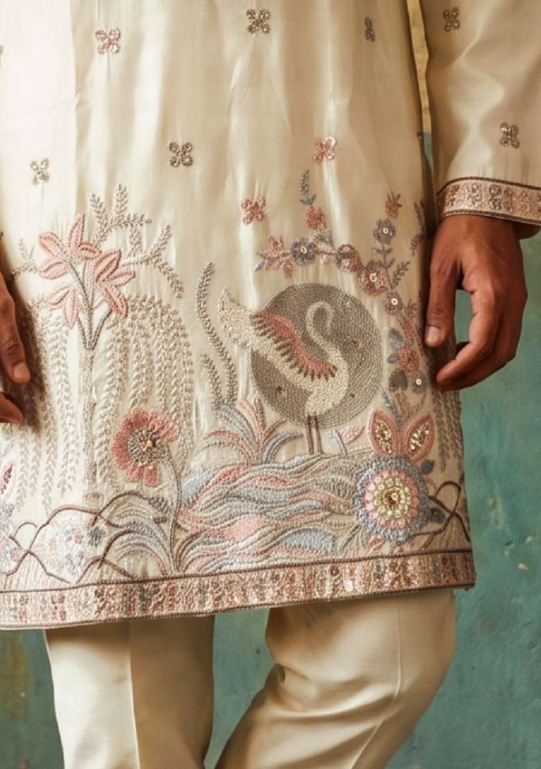 Cream Embroidery Silk Kurta Set For Men - Indya