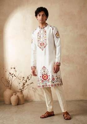 Black Embroidery Silk Kurta Set For Men