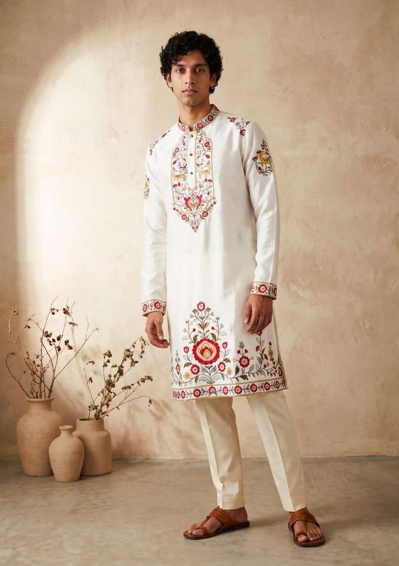 Black Embroidery Silk Kurta Set For Men - Indya