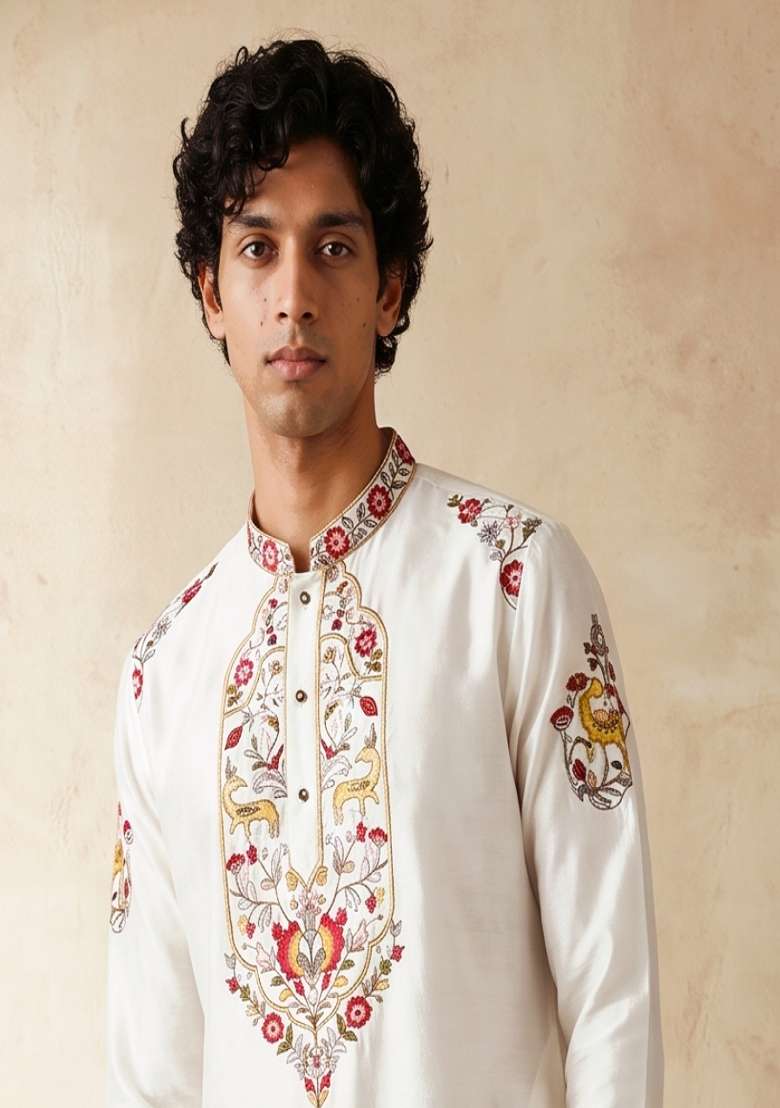 Black Embroidery Silk Kurta Set For Men - Indya