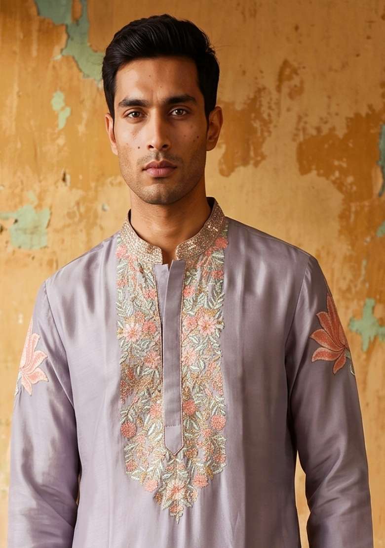 Light Purple Embroidery Silk Kurta Set For Men - Indya